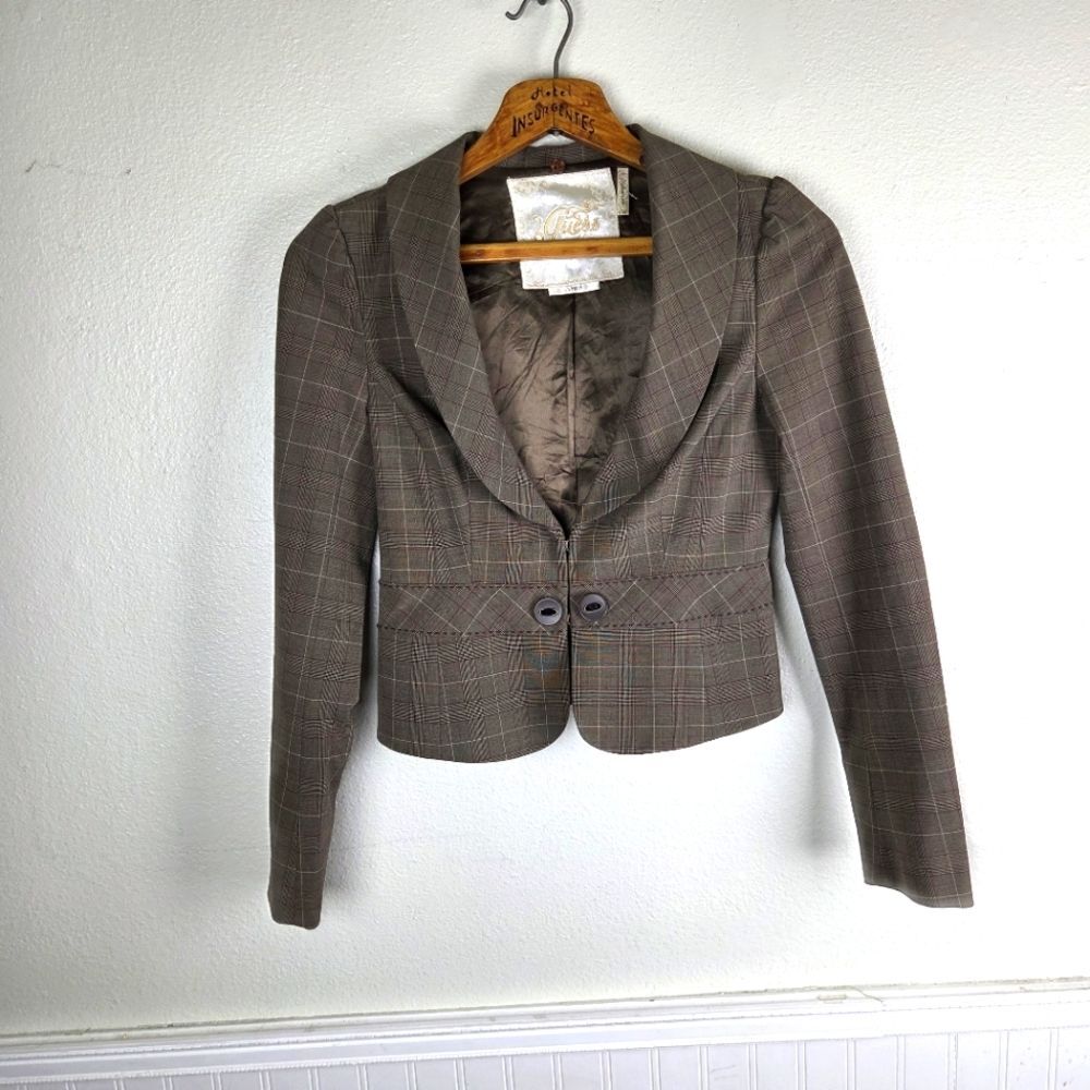 Women's Guess Brown Plaid Clasp Business Casual Blazer Size Medium